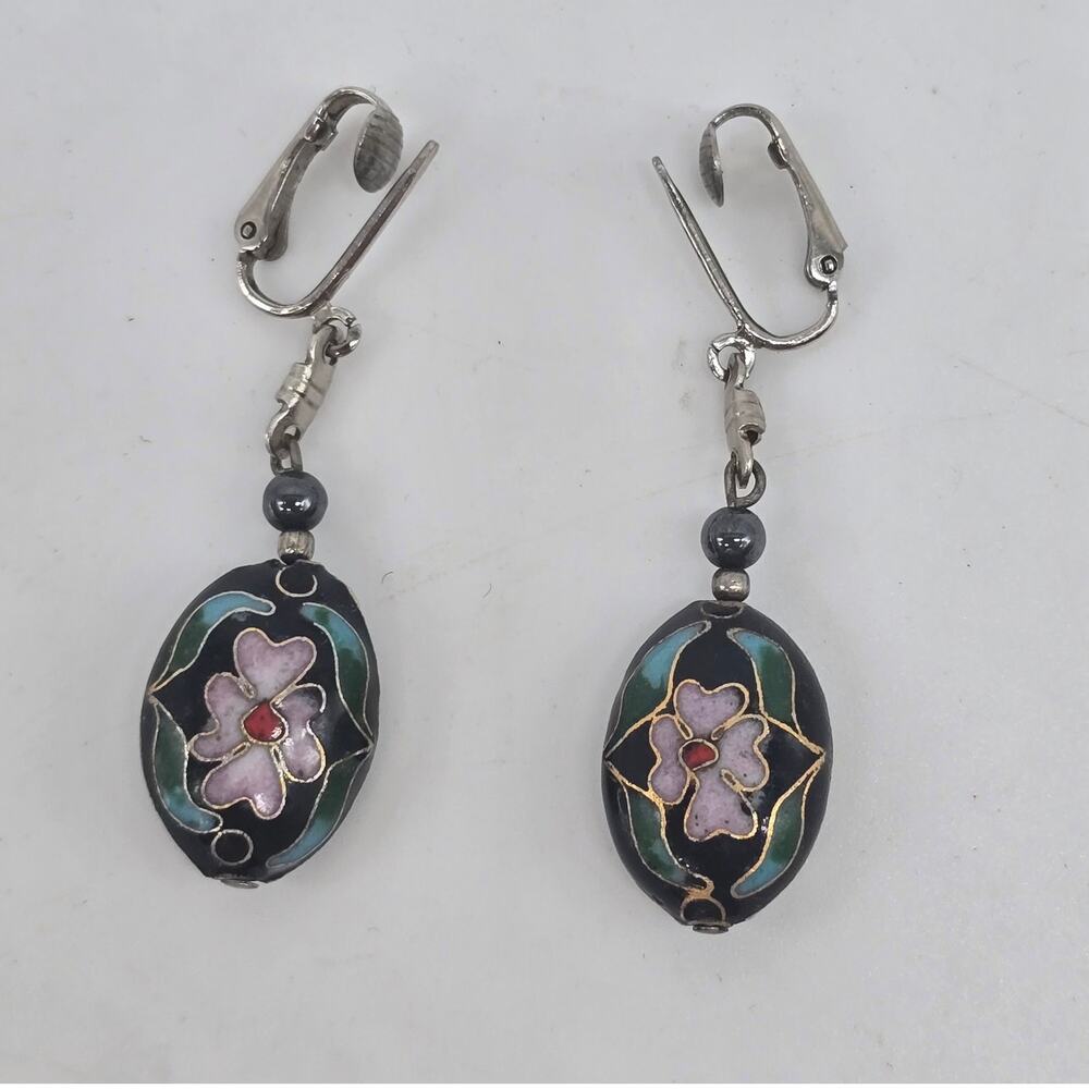 Vintage Multicolor Enamel Cloisonne Floral Dangle Clip On Earrings Silver Tone